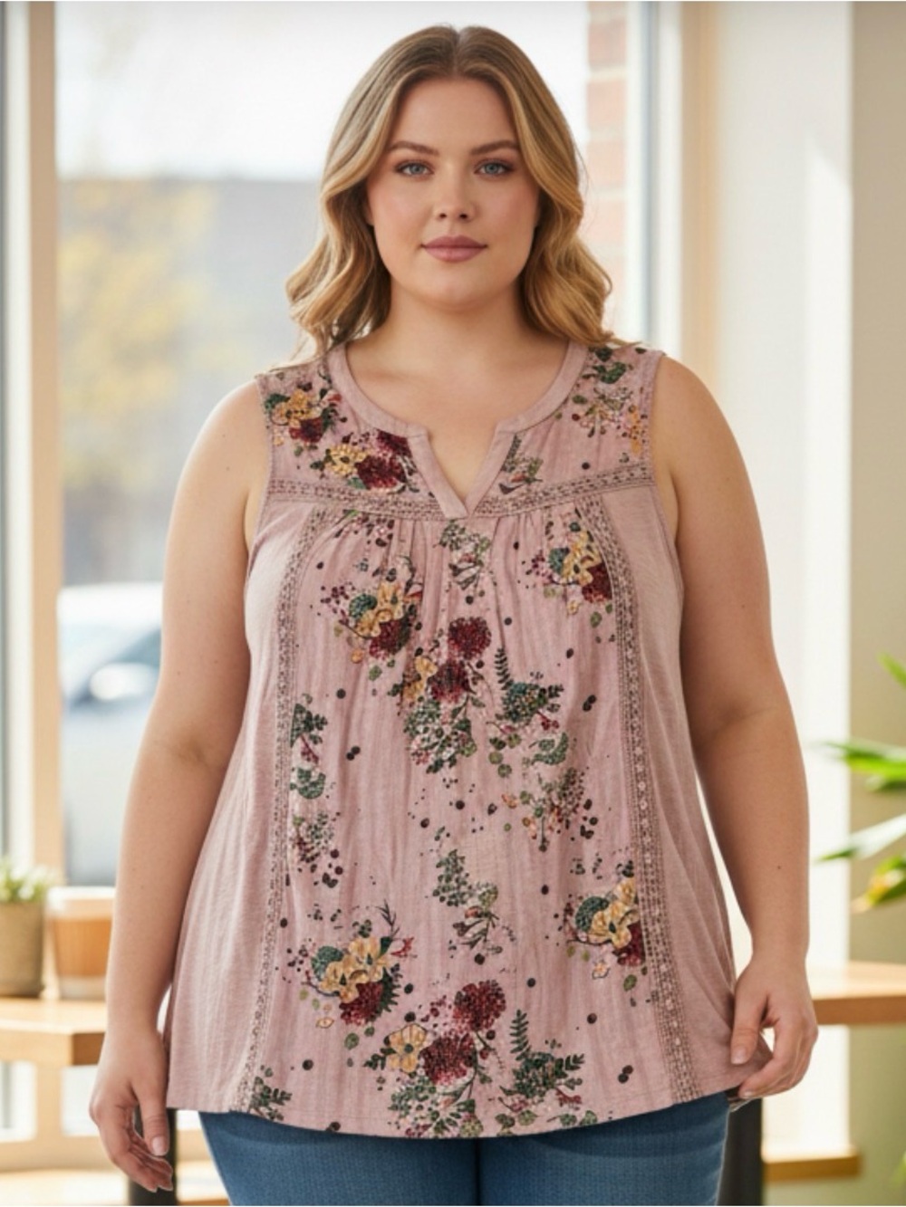 St. John's Bay Beige Floral Crochet-Trim Top